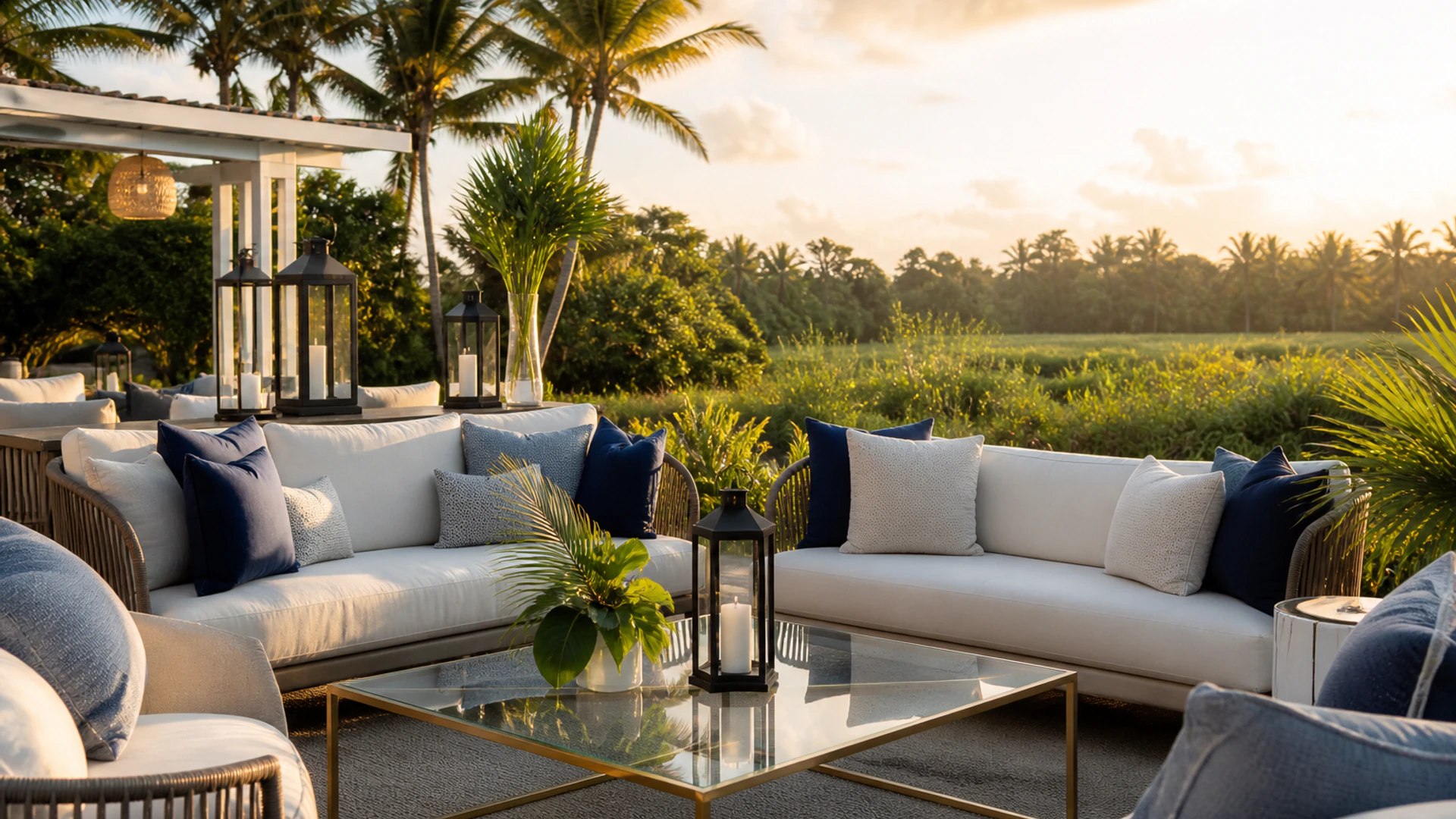 Lounge exterior preparado para una celebración al atardecer