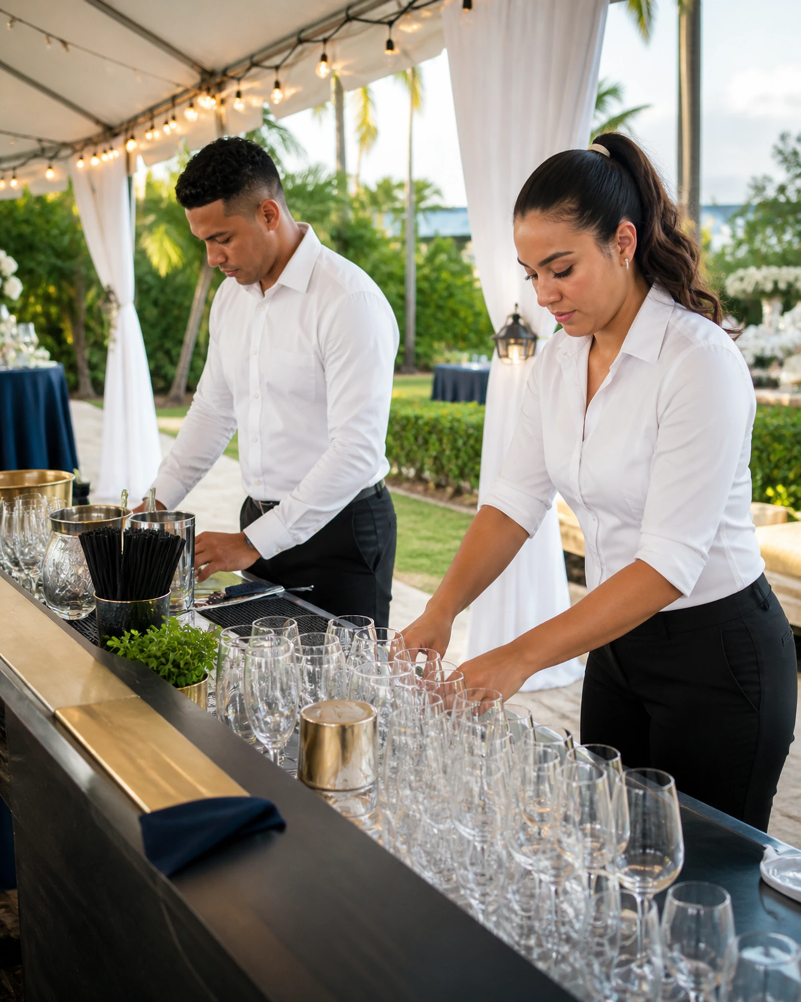 Equipo de servicio preparando la barra antes del evento
